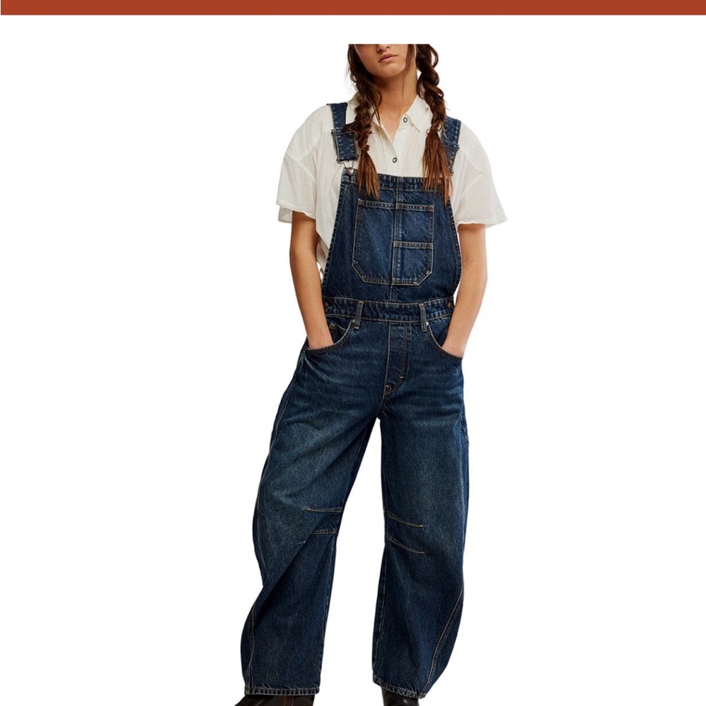 We The Free Good Luck Dark Blue Denim Barrel Overalls size M